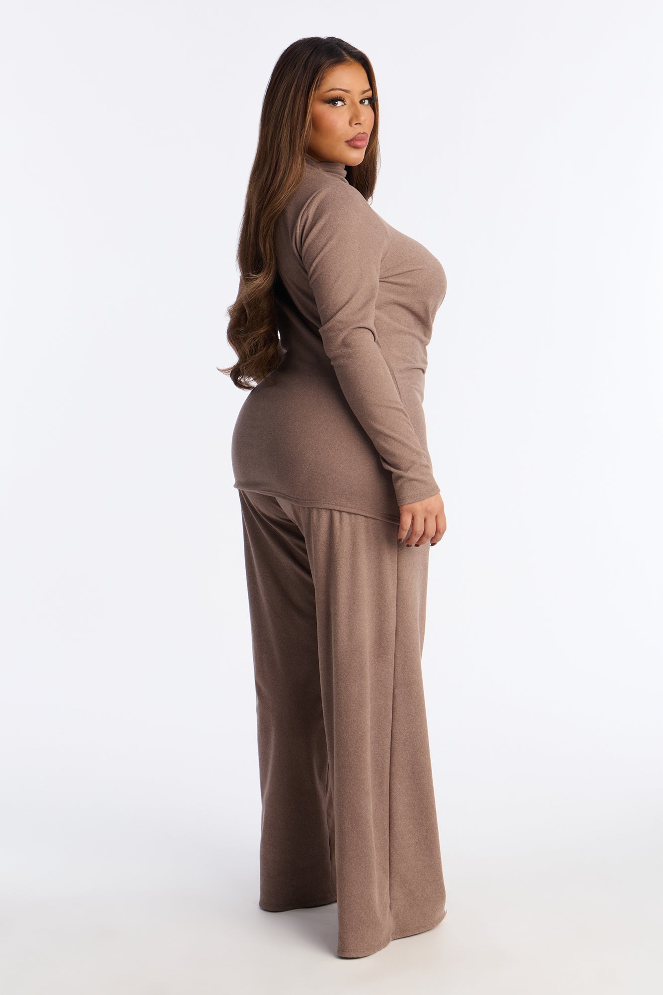 Rosie Brushed Knit High Neck Pant Set - Brown