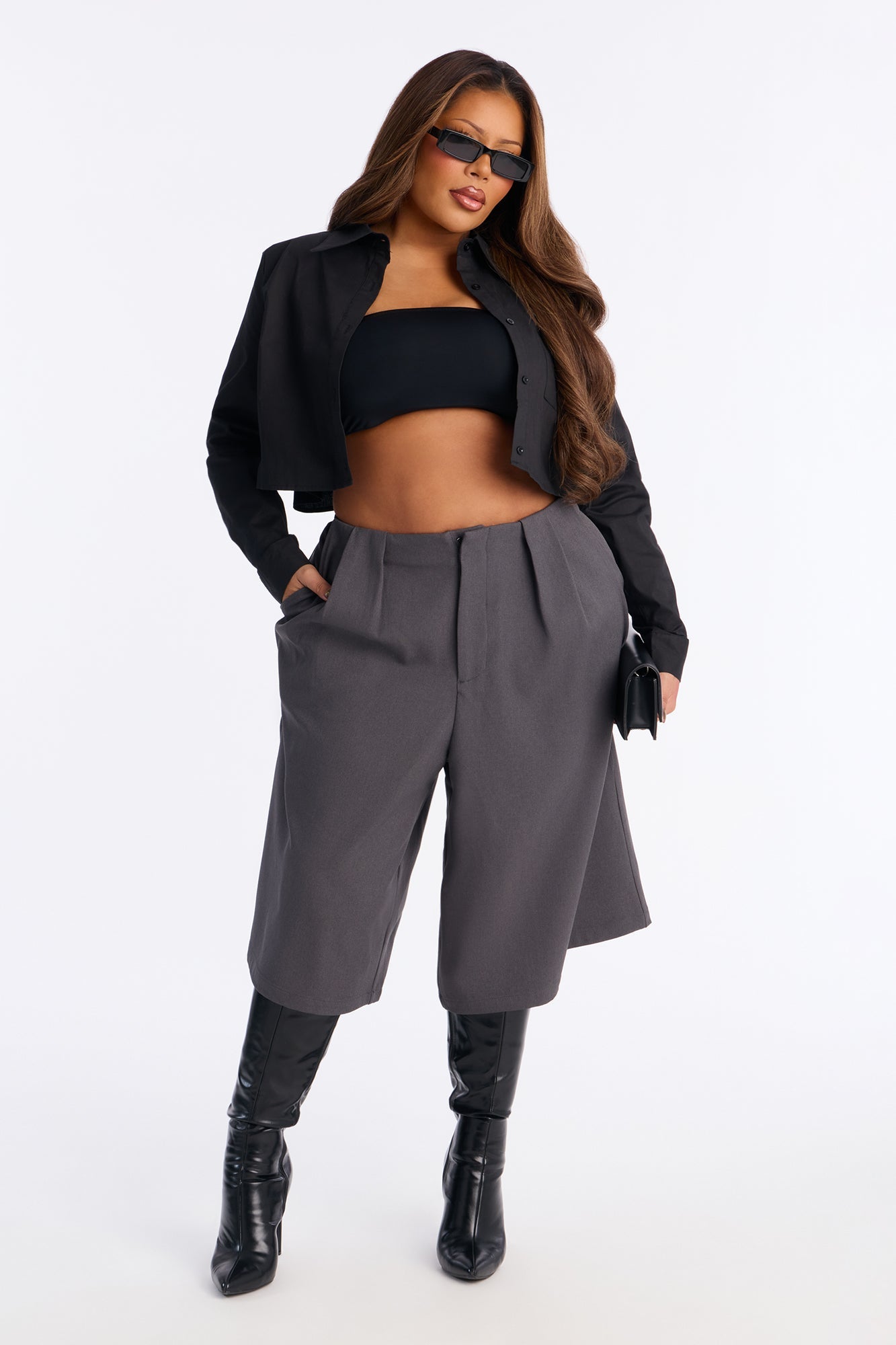 Business As Usual Belted Crepe Bermuda Short 9″ - Charcoal