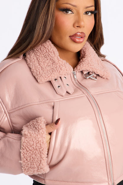 Bad Influence Faux Leather Cropped Jacket - Pink