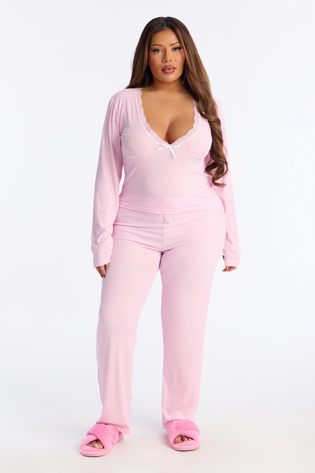 Thinking Of You Ribbed Long Sleeve PJ Pant Set - Pink
