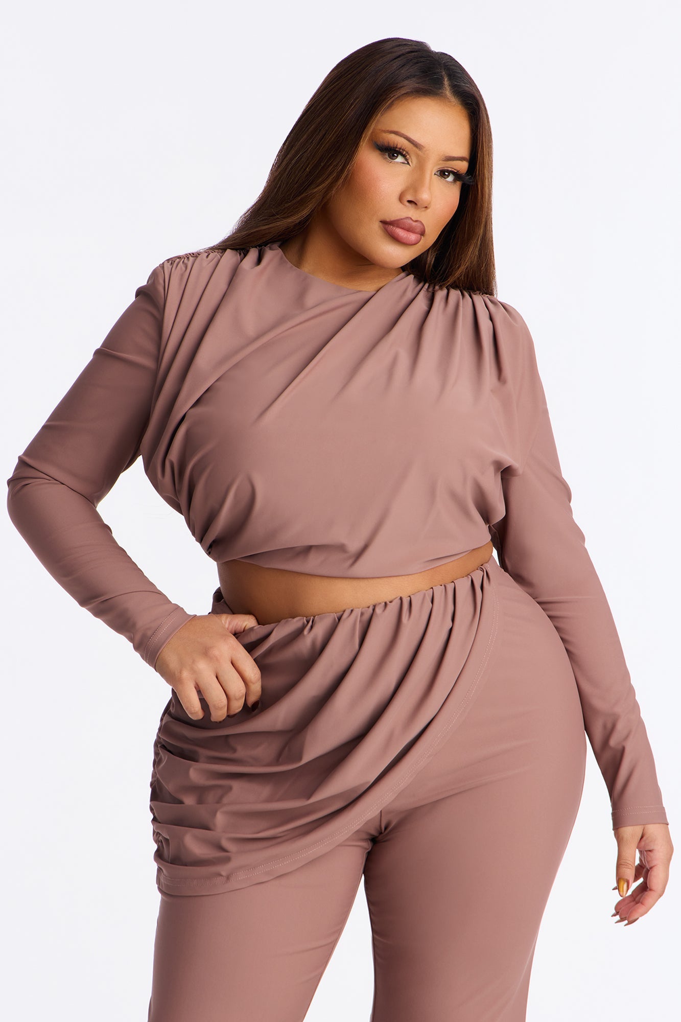 Azira Ruched Pant Set - Mocha
