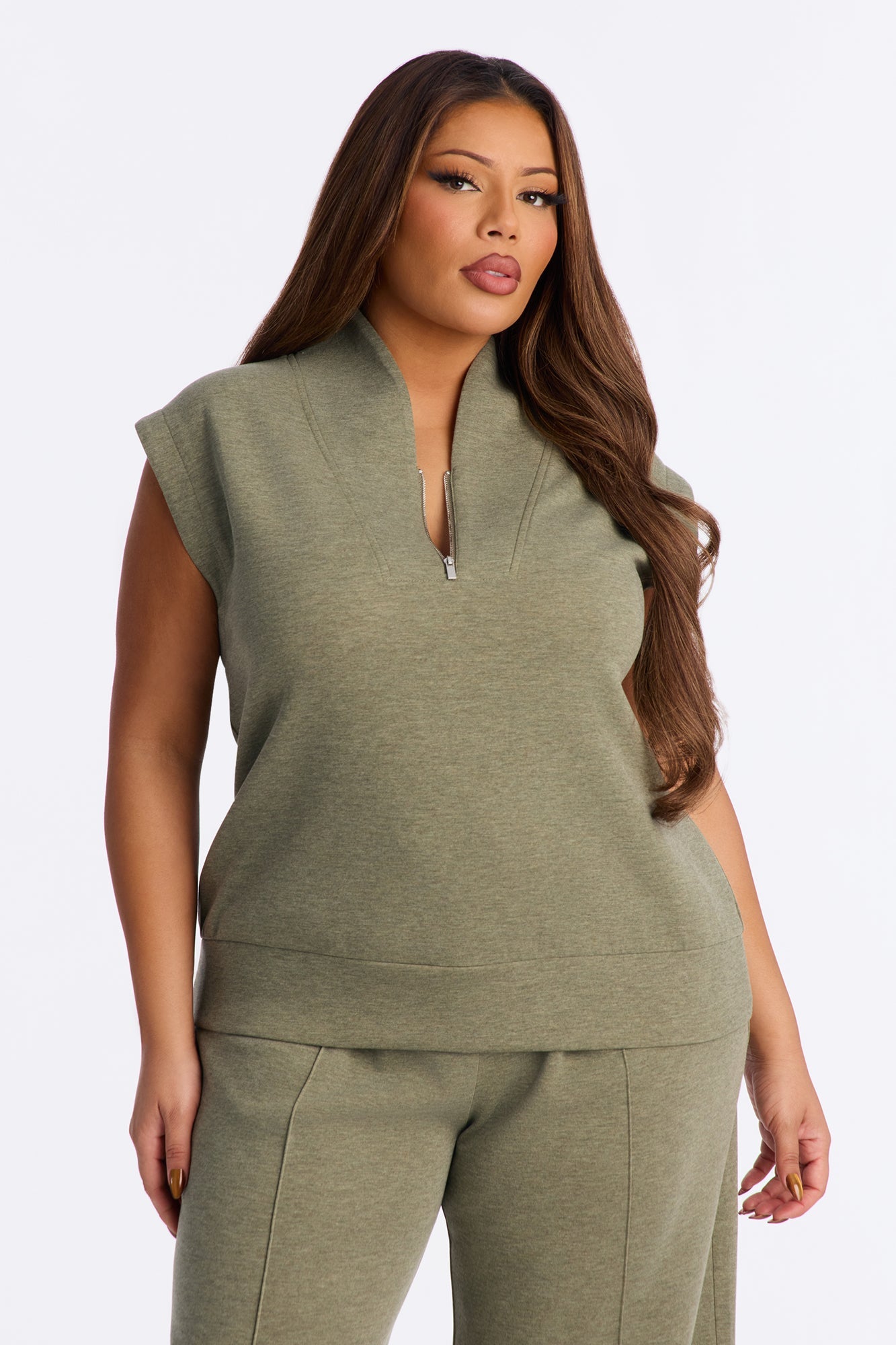 Shea Quarter Zip Sleeveless Pant Set - Olive