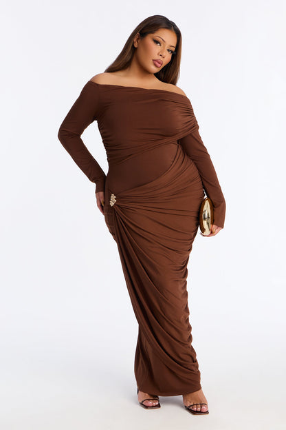 Not Your Type Off Shoulder Maxi Dress - Chocolate