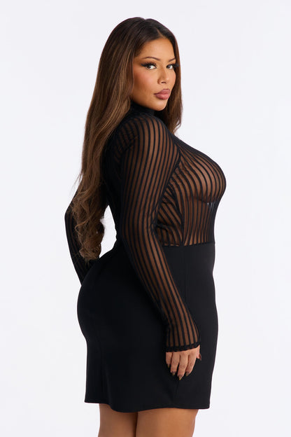 Unbothered Long Sleeve Mesh Mini Dress - Black