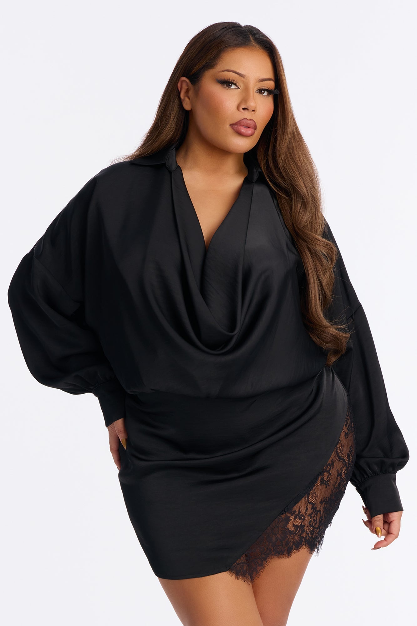 Vanessa Lace Trim Satin Mini Dress - Black