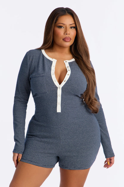 Cynthia Striped Micro Short Romper - Navy