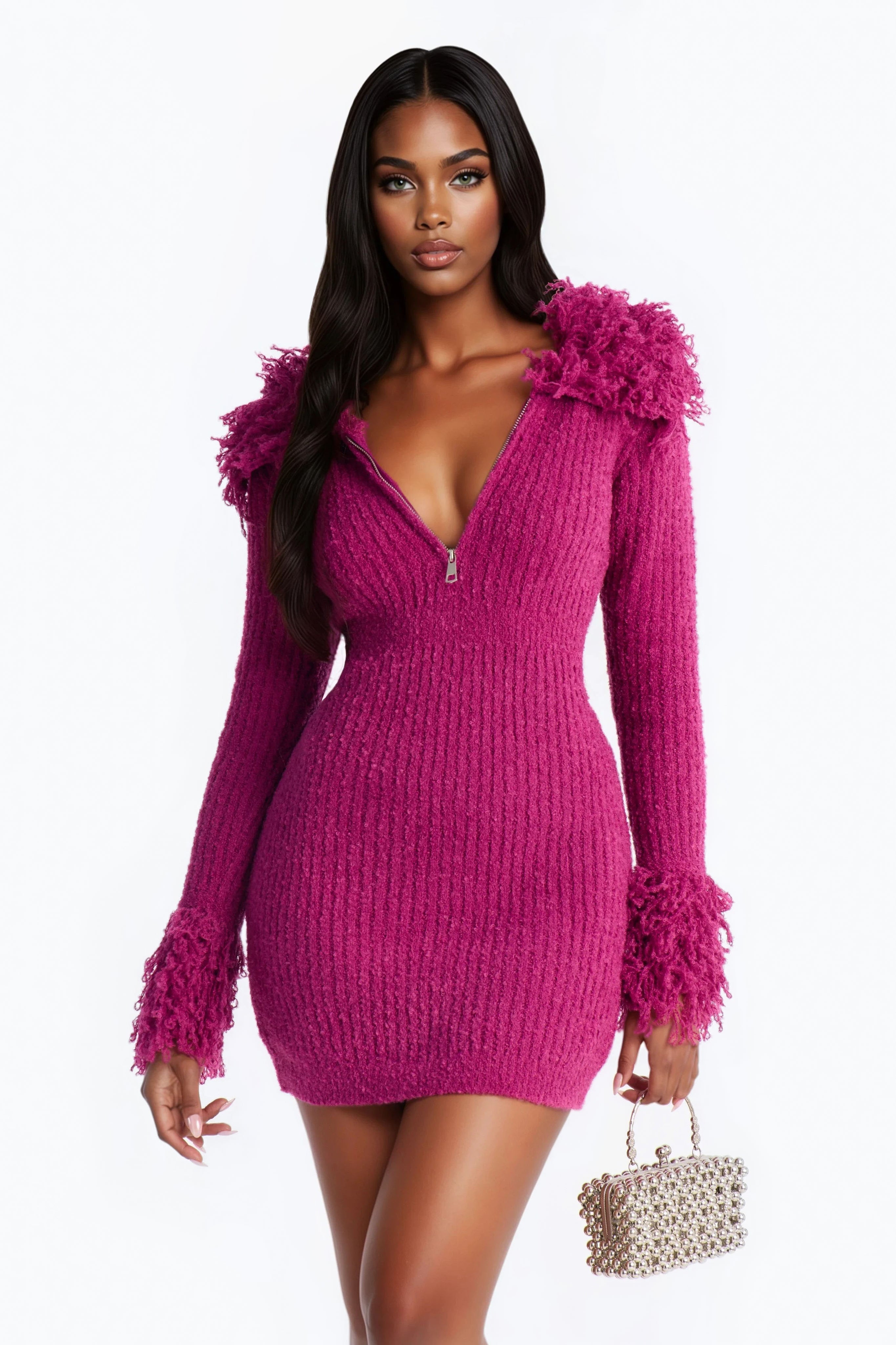 Zahra Fringe Trim Sweater Mini Dress - Purple