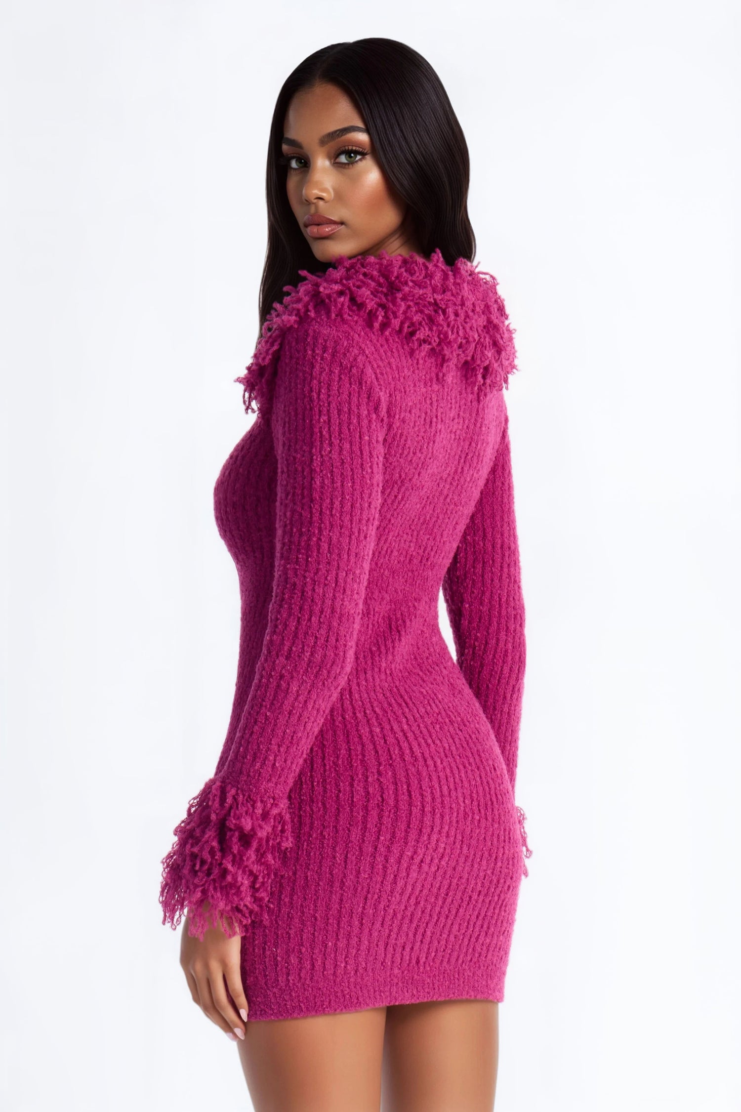 Zahra Fringe Trim Sweater Mini Dress - Purple