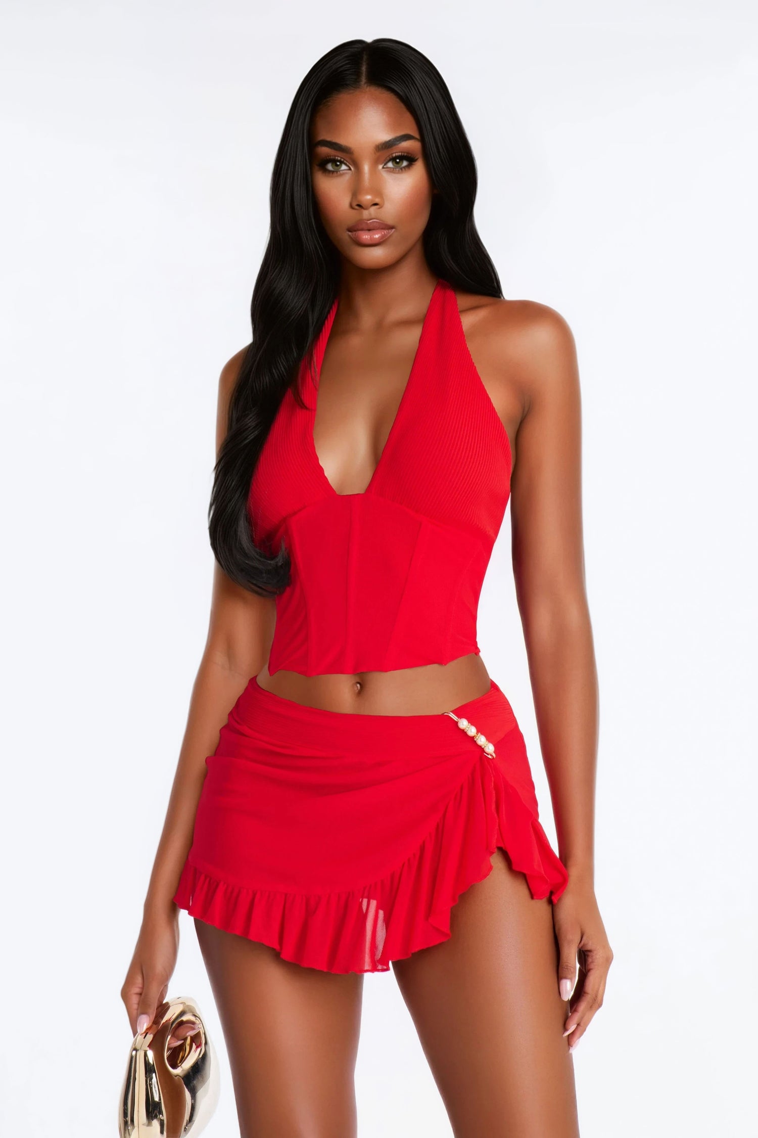 Josephine Mesh Halter Mini Skirt Set - Red