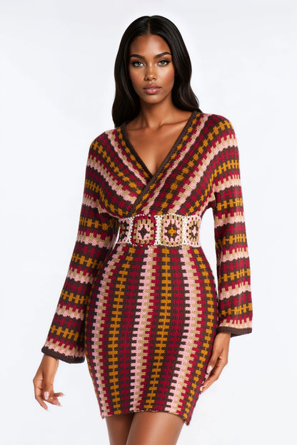 Under The Sun Long Sleeve Sweater Mini Dress - Burgundy/combo