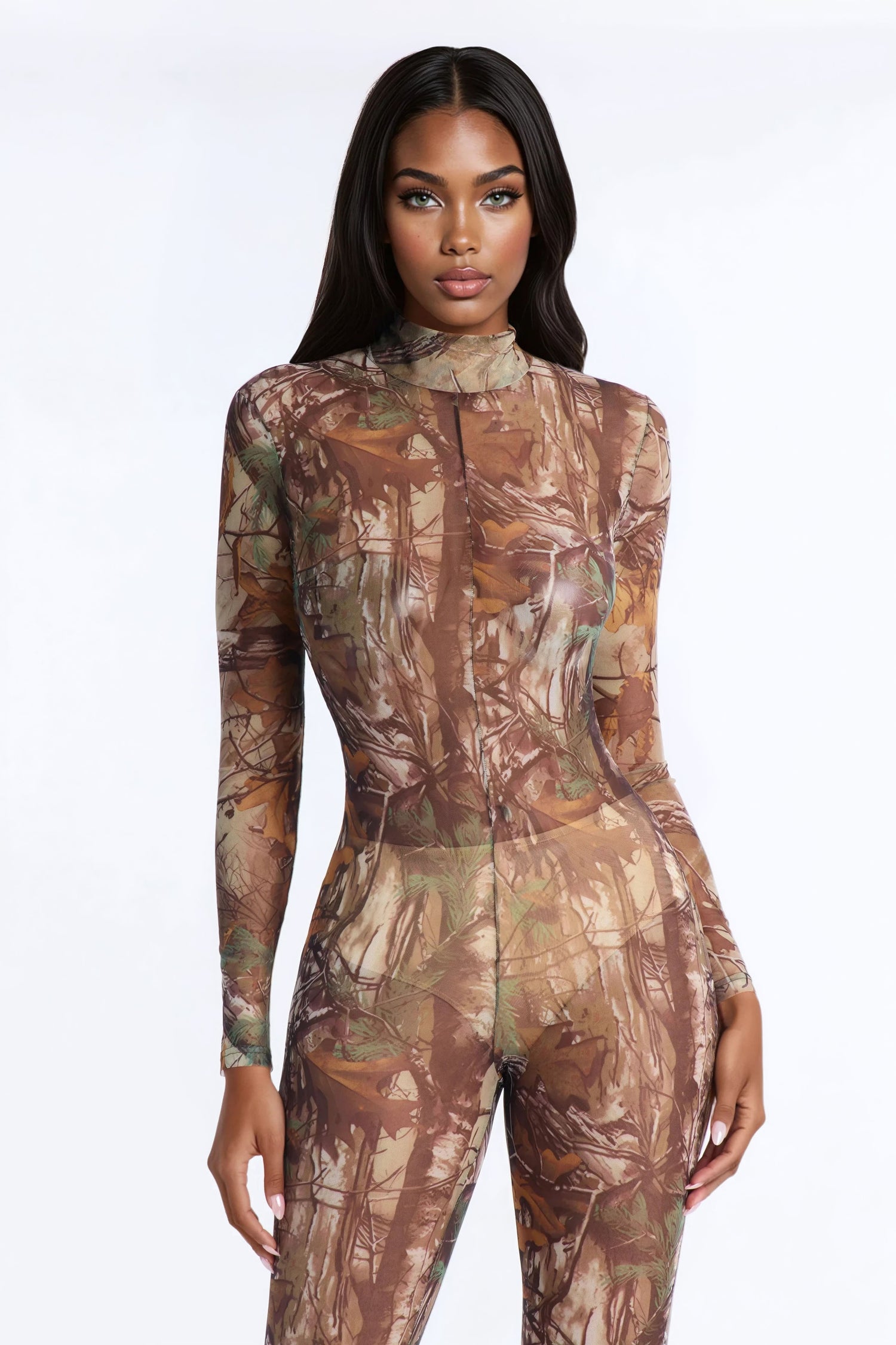 Cianna Mesh Camo Catsuit And Thong 2 Piece Set - Olive