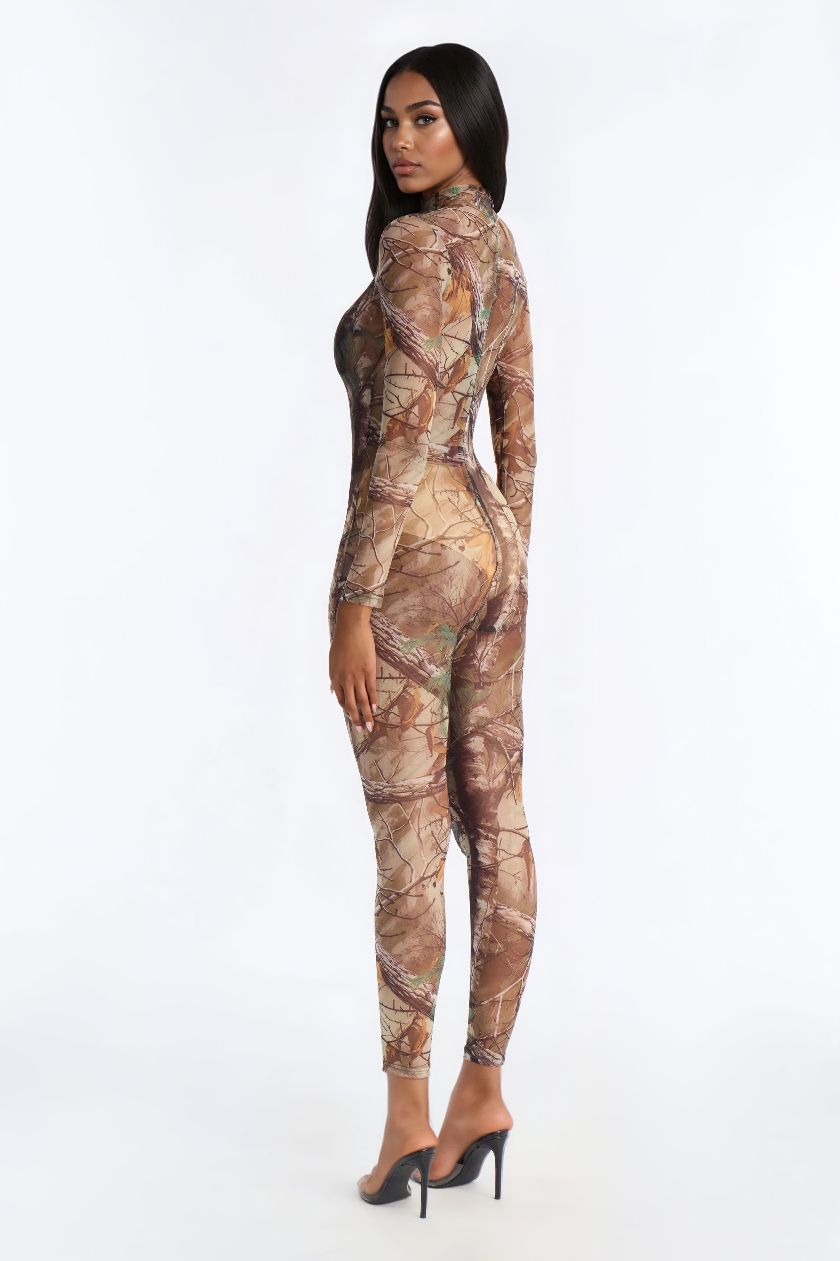 Cianna Mesh Camo Catsuit And Thong 2 Piece Set - Olive