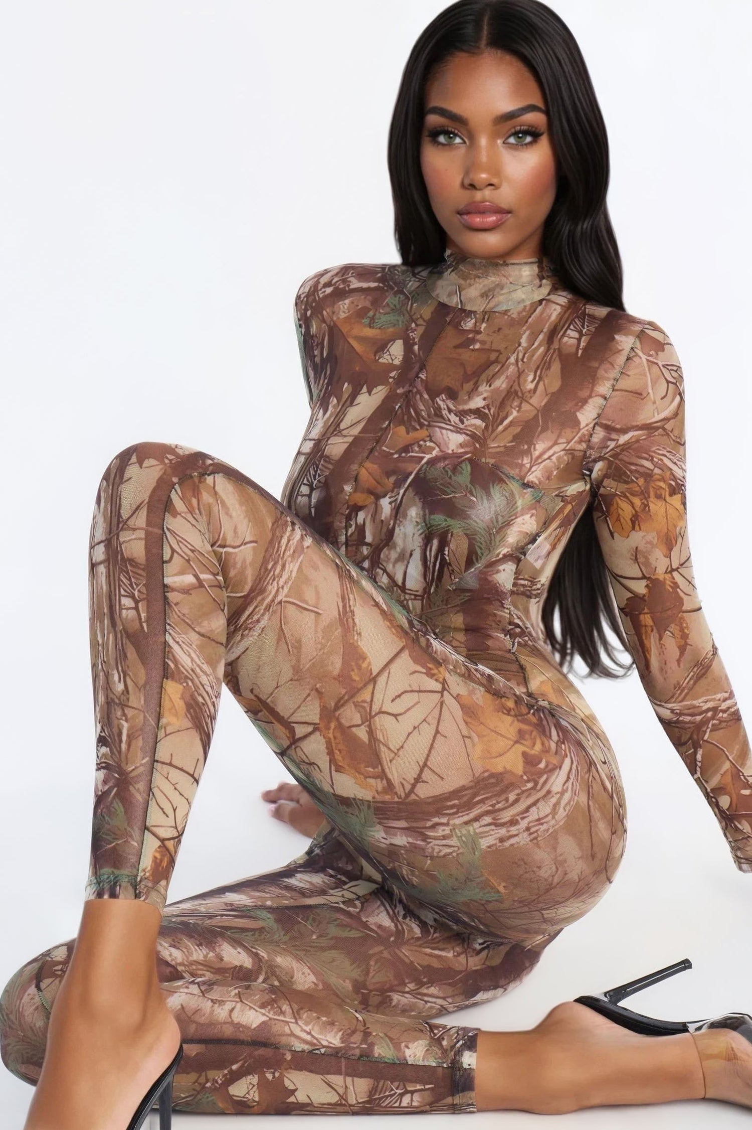 Cianna Mesh Camo Catsuit And Thong 2 Piece Set - Olive