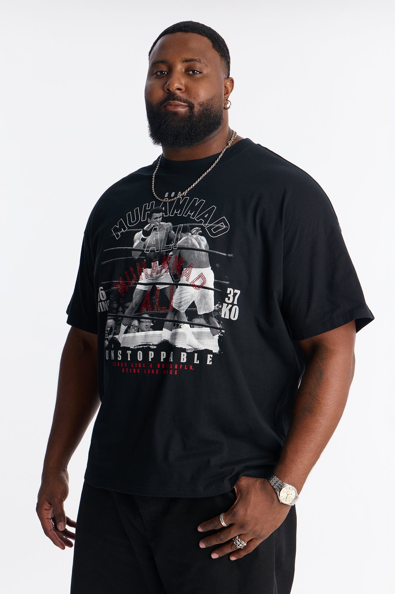 Boxy Muhammad Ali Rhinestone Short Sleeve Tee - Black