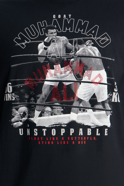 Boxy Muhammad Ali Rhinestone Short Sleeve Tee - Black
