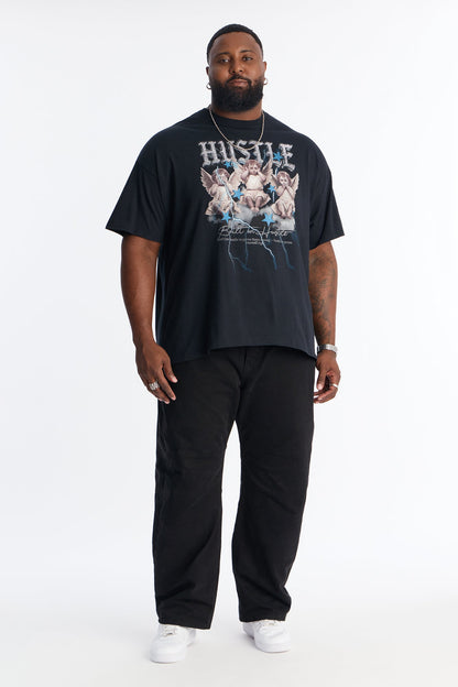 Boxy Hustle Mindset Rhinestone Short Sleeve Tee - Black