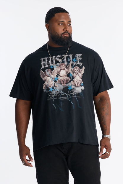 Boxy Hustle Mindset Rhinestone Short Sleeve Tee - Black