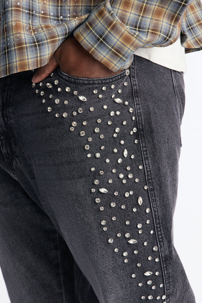 Stacked Slim Flare Another Level Jeweled Jean - Black Wash