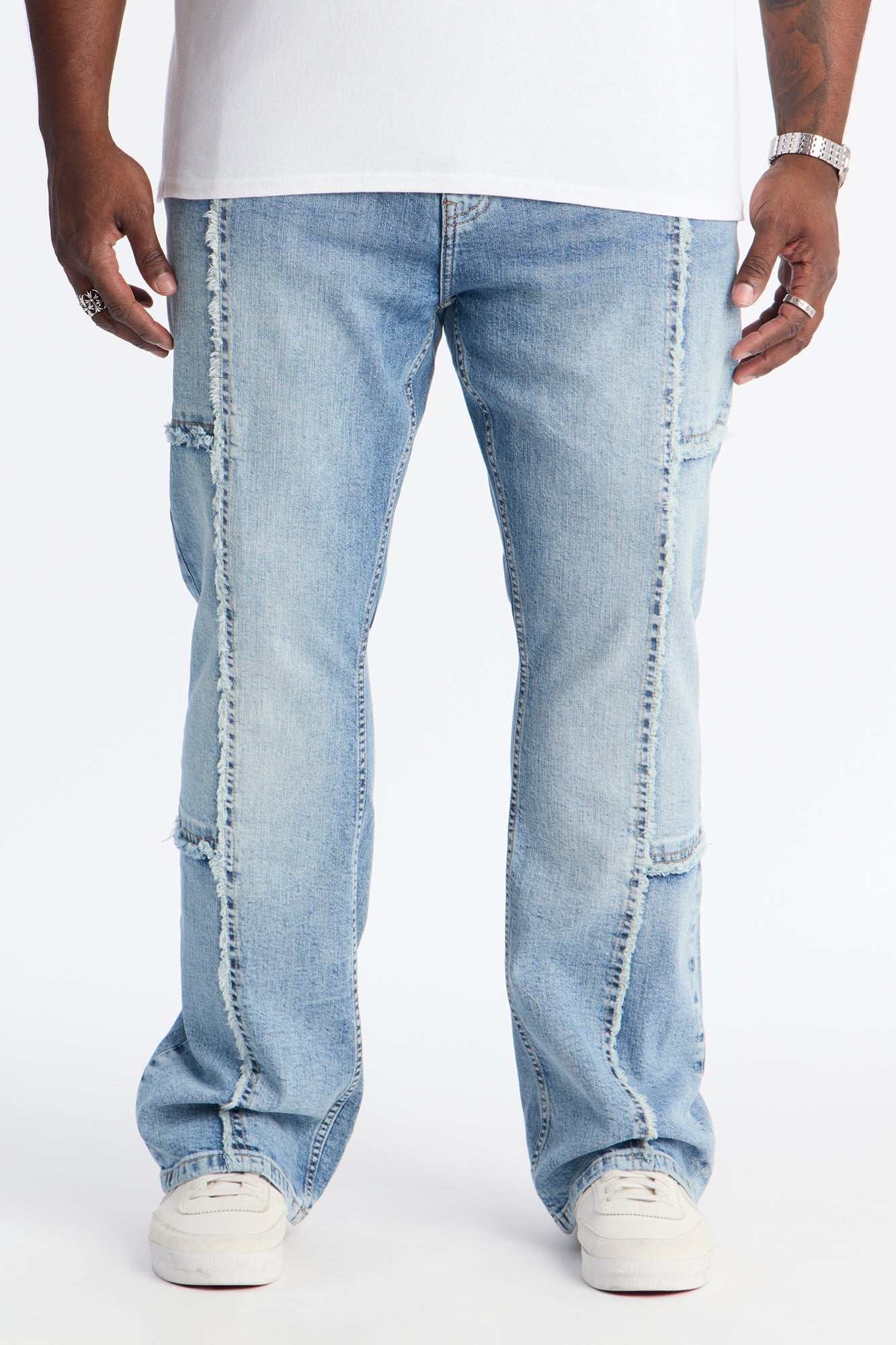 Stacked Skinny Flare Frayed Along Panel Jean - Medium Blue Wash