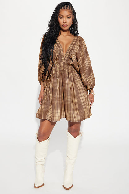Countryside Cutie Plaid Mini Dress - Brown/combo