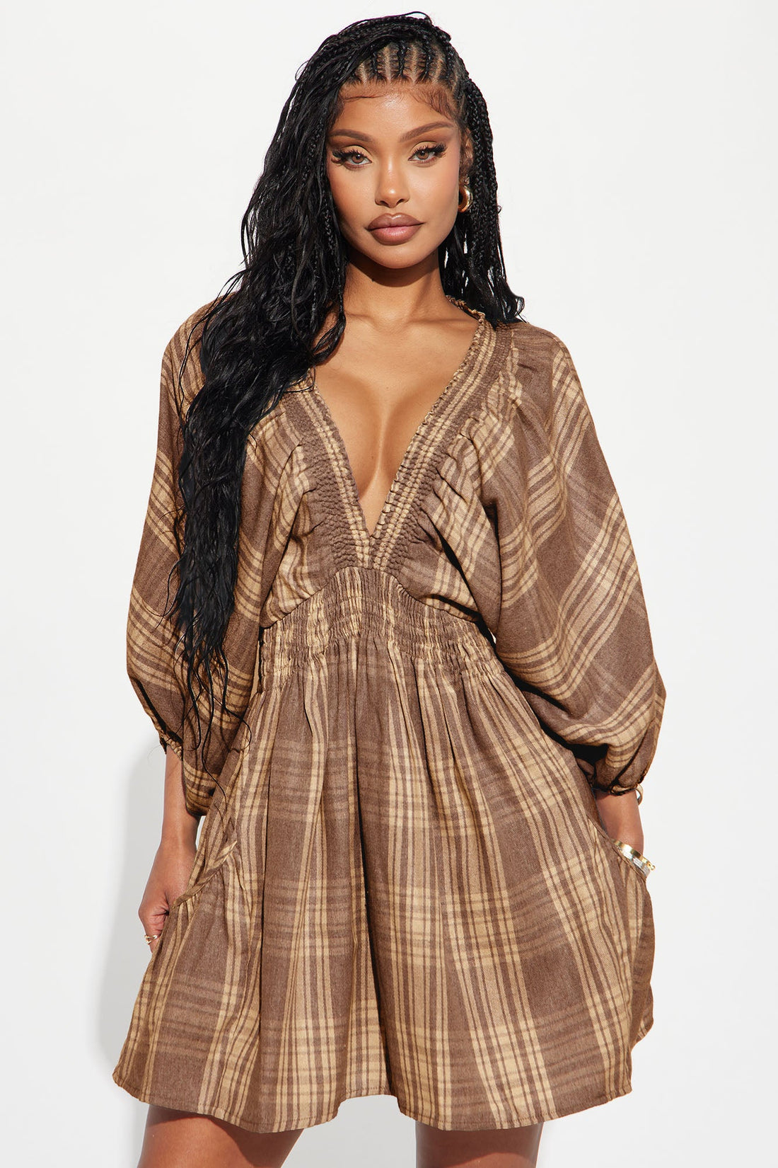 Countryside Cutie Plaid Mini Dress - Brown/combo