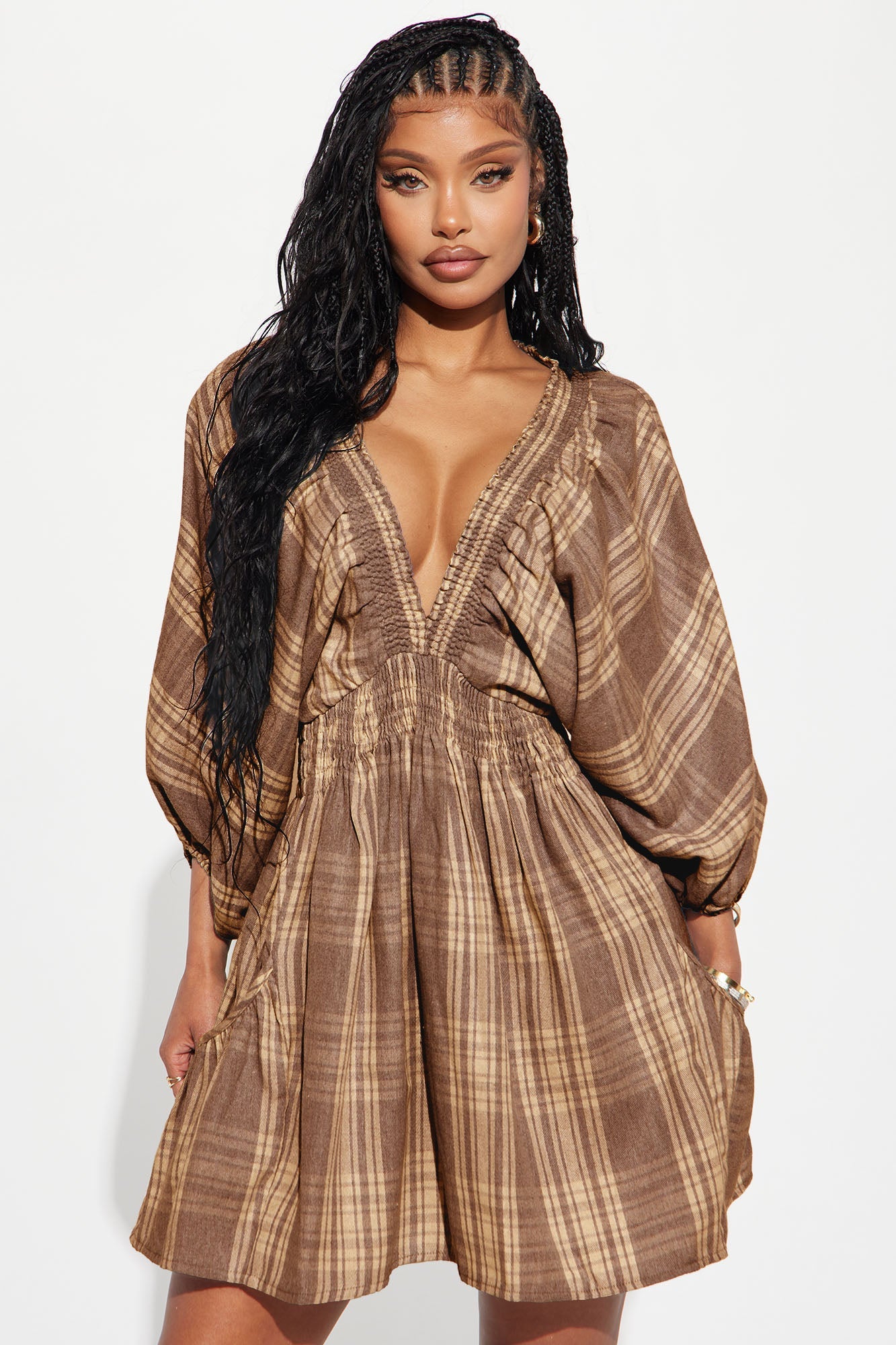 Countryside Cutie Plaid Mini Dress - Brown/combo