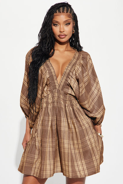 Countryside Cutie Plaid Mini Dress - Brown/combo