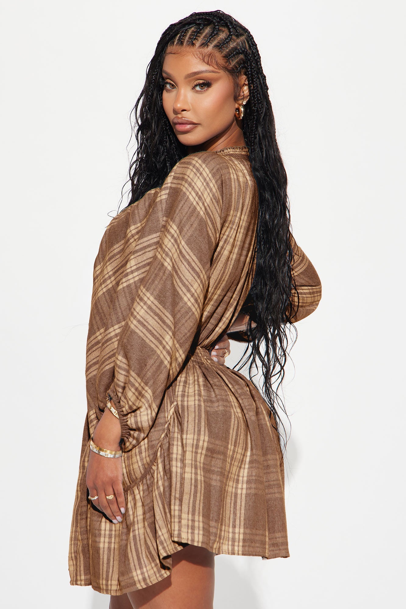 Countryside Cutie Plaid Mini Dress - Brown/combo