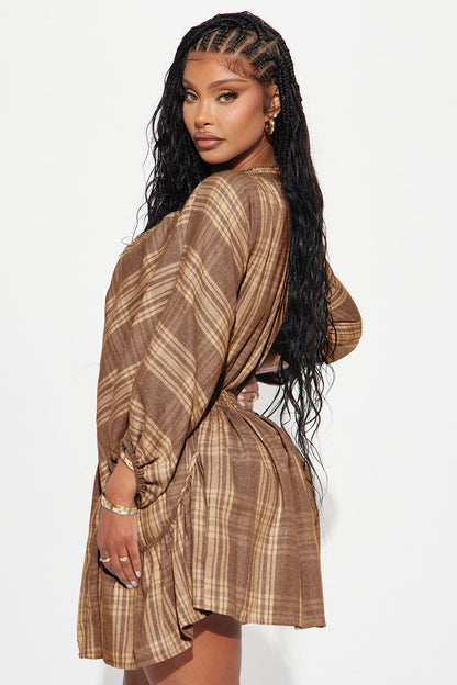 Countryside Cutie Plaid Mini Dress - Brown/combo