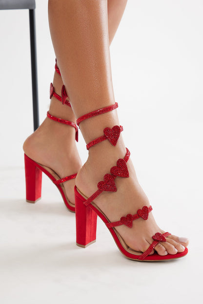 Heartstrings Rhinestone Wrap Up Heels - Red