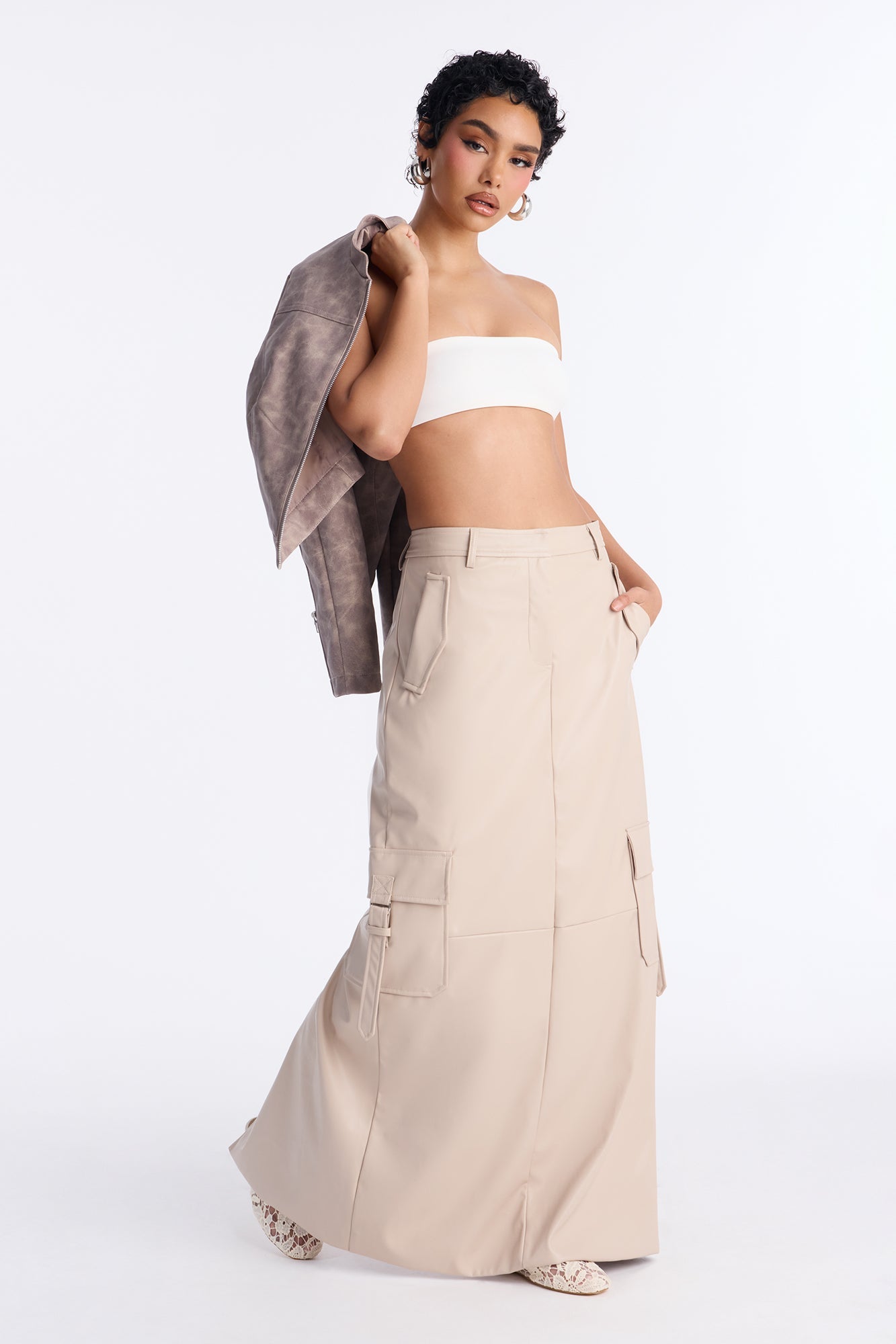 Catwalk Chic Faux Leather Cargo Maxi Skirt - Stone