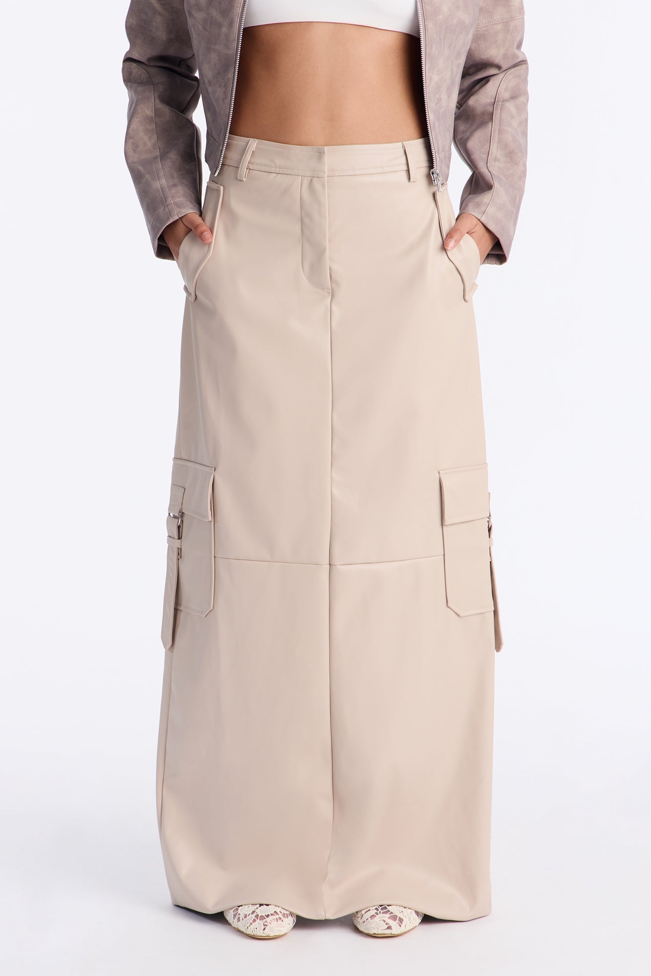 Catwalk Chic Faux Leather Cargo Maxi Skirt - Stone