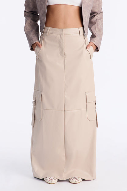Catwalk Chic Faux Leather Cargo Maxi Skirt - Stone