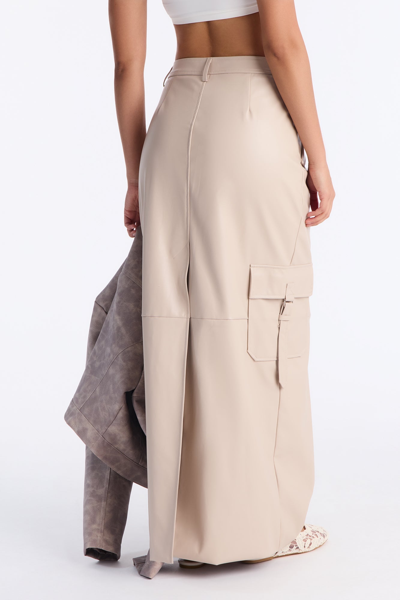 Catwalk Chic Faux Leather Cargo Maxi Skirt - Stone