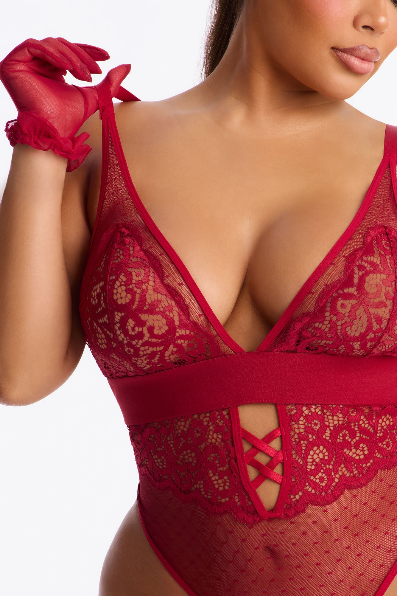 Soft Sinner Mesh Lace Teddy With Gloves - Burgundy