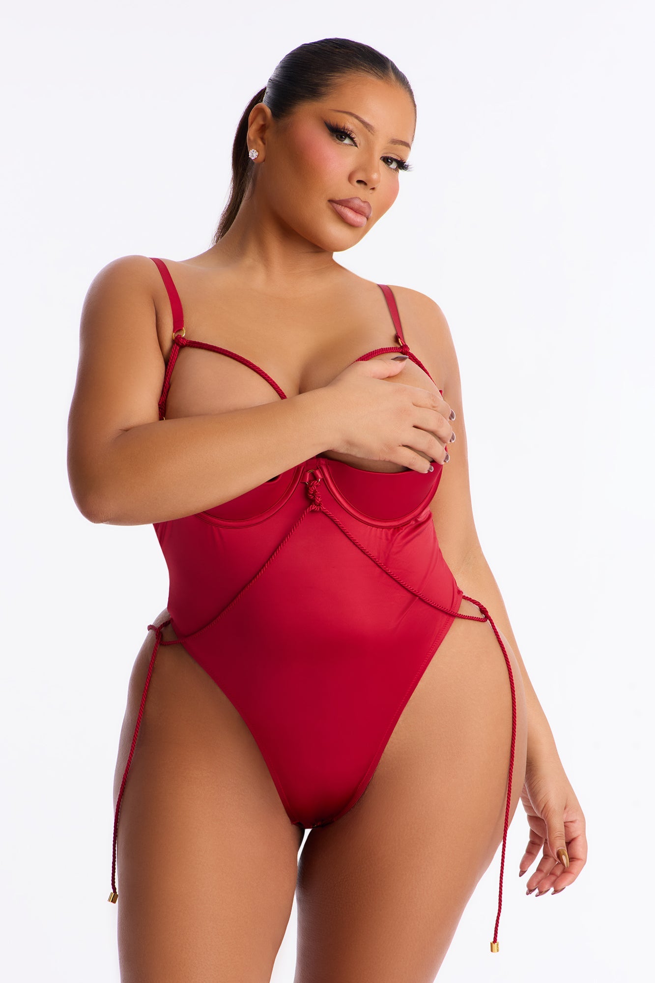 On Edge Crotchless Satin Open Cup Teddy - Red