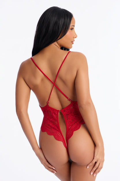 Soft To The Touch Crotchless Lace Teddy - Burgundy