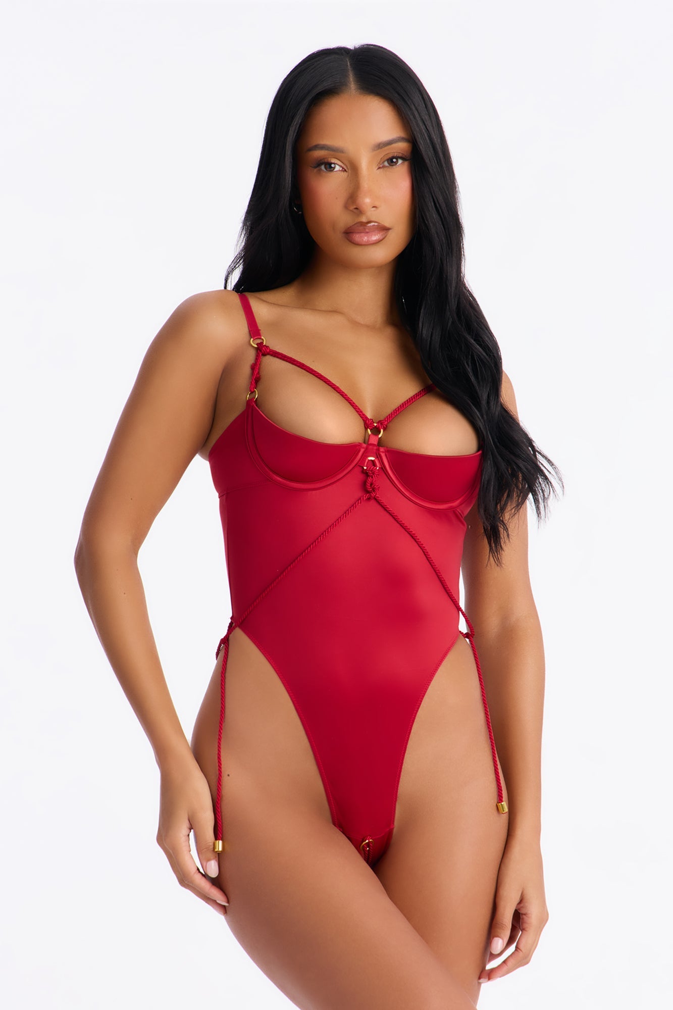 On Edge Crotchless Satin Open Cup Teddy - Red