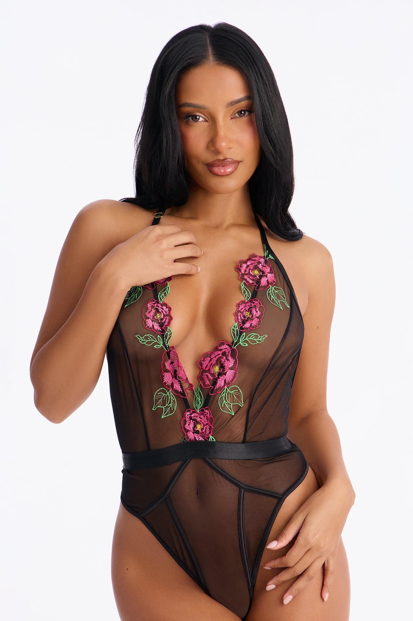Blooming Lust Embroidered Teddy - Black/Pink