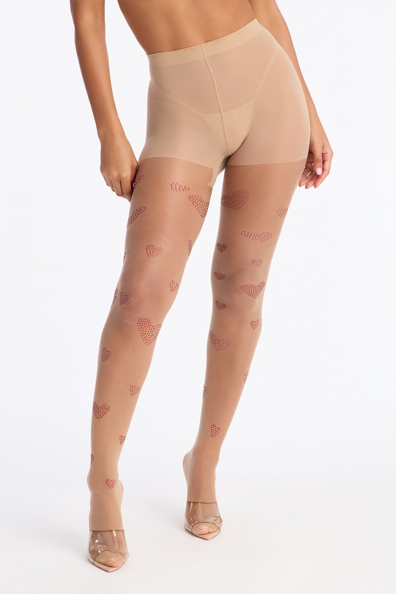 Heart Me Down Sheer Rhinestone Heart Tights - Nude
