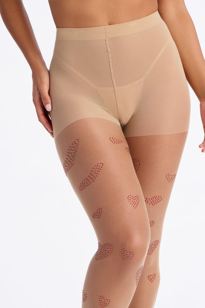Heart Me Down Sheer Rhinestone Heart Tights - Nude