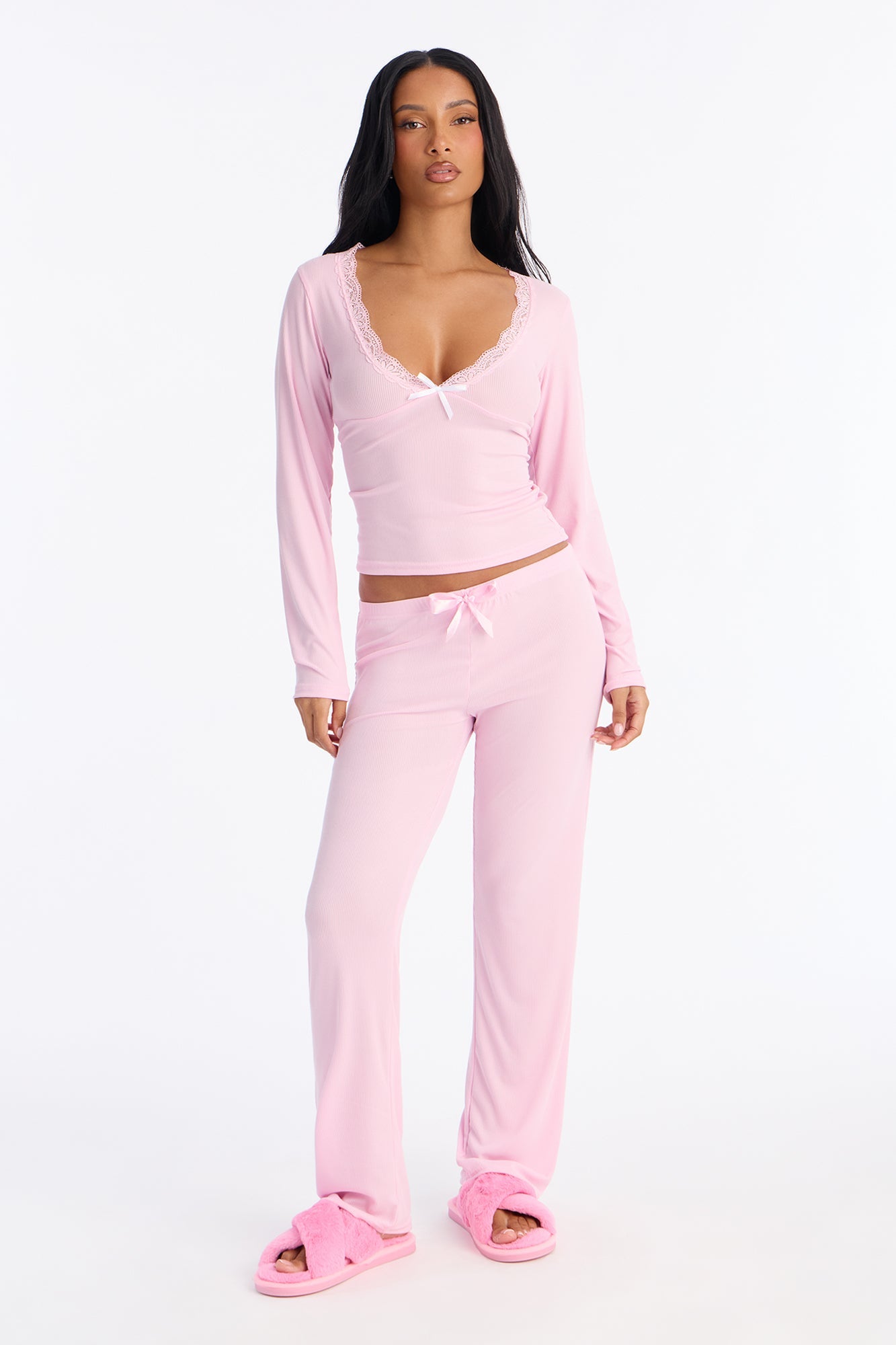 Thinking Of You Ribbed Long Sleeve PJ Pant Set - Pink