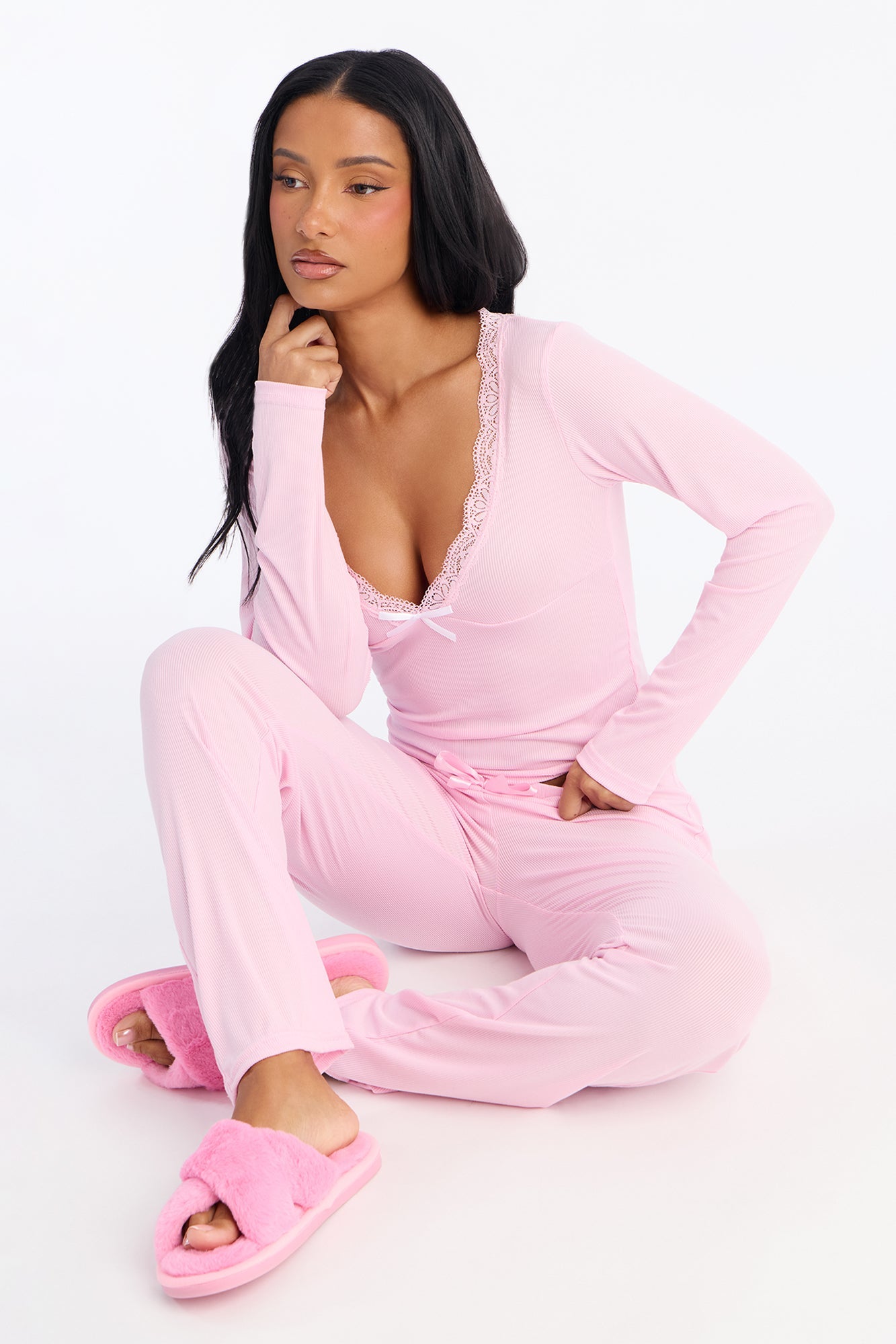 Thinking Of You Ribbed Long Sleeve PJ Pant Set - Pink