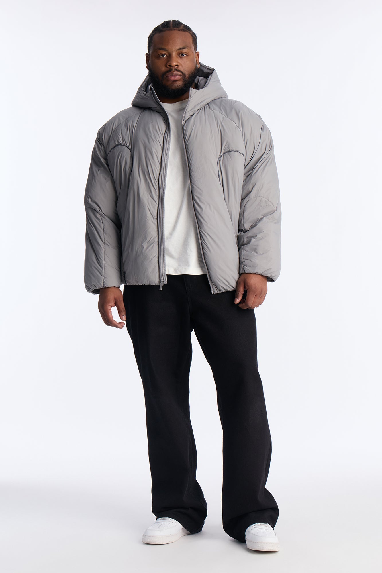 Cropped Hooded Paneled Tipped Puffer Jacket - Grey