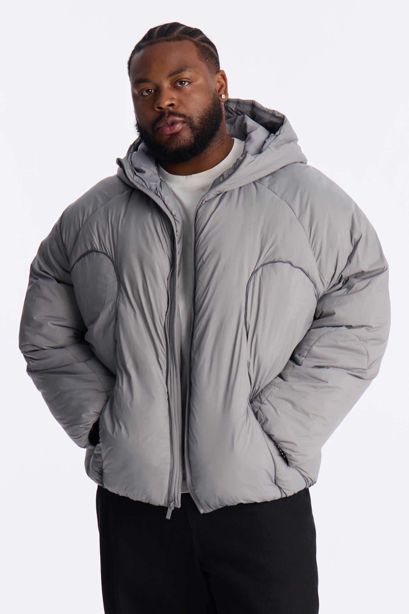 Cropped Hooded Paneled Tipped Puffer Jacket - Grey