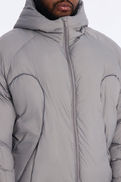 Cropped Hooded Paneled Tipped Puffer Jacket - Grey