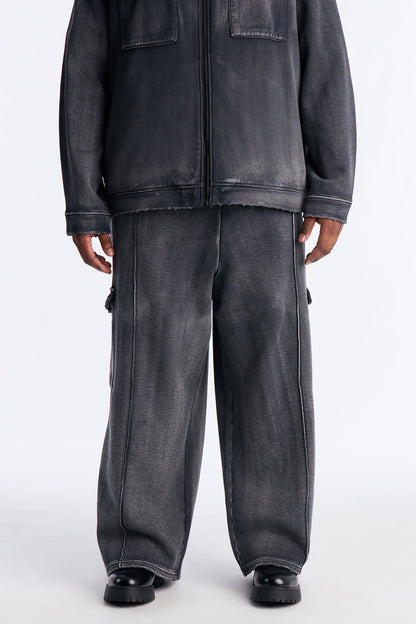 Heavy Wash Baggy Fleece Cargo Pants - Black Wash