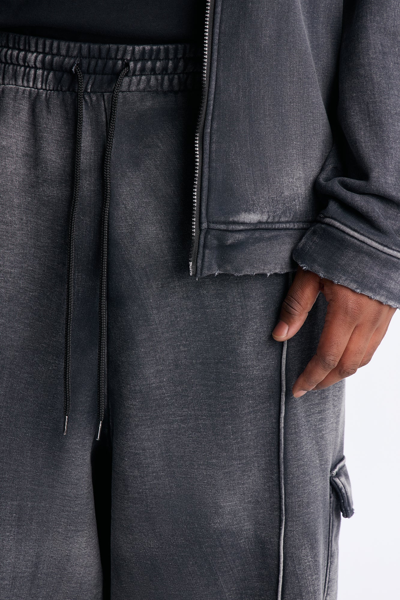 Heavy Wash Baggy Fleece Cargo Pants - Black Wash