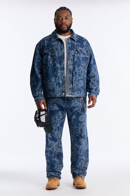 Relaxed Cropped Baroque Jacquard Denim Jacket - Medium Blue Wash