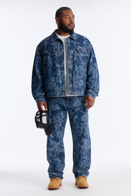 Straight Baroque Jacquard Jean - Medium Blue Wash